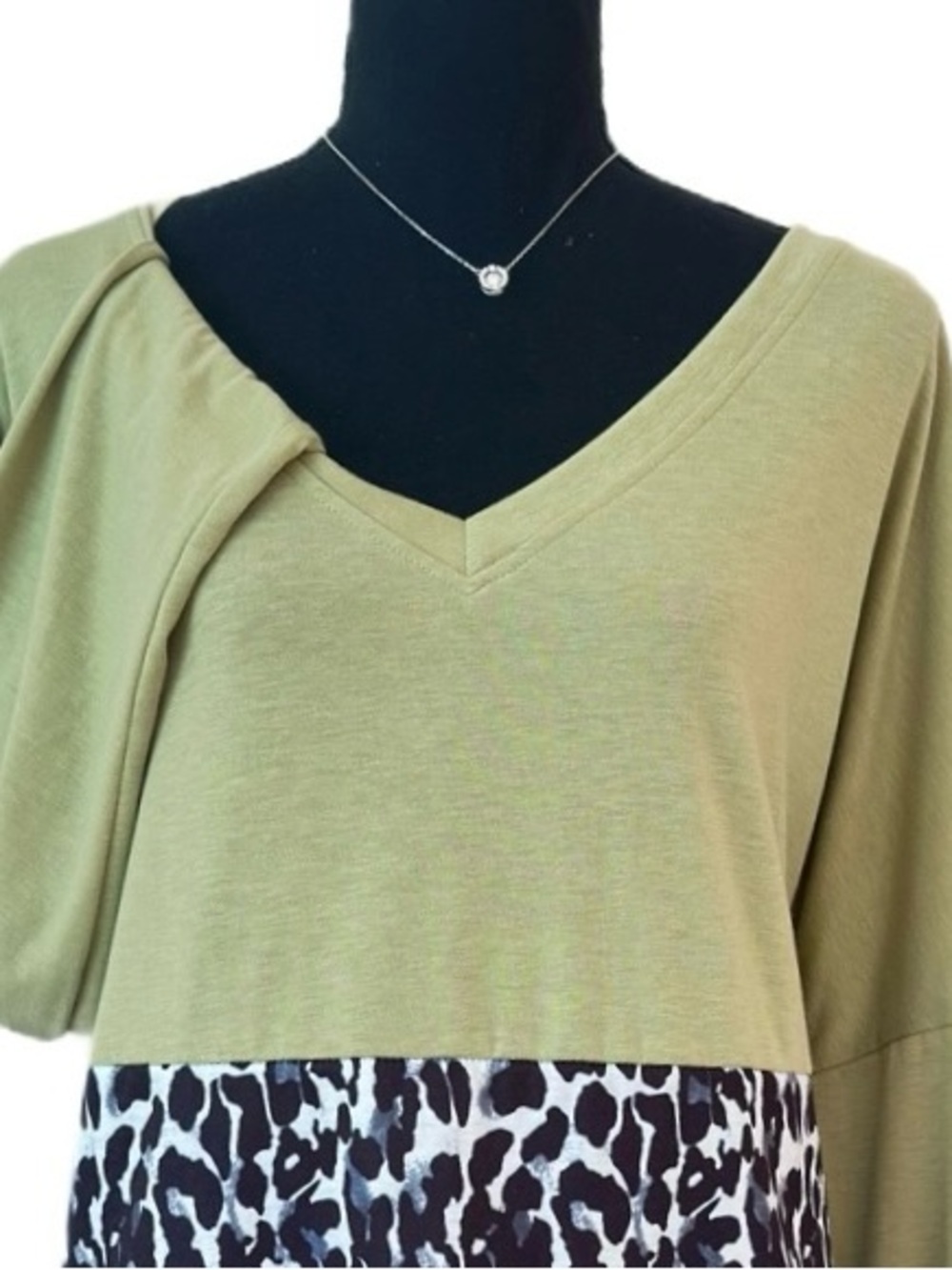 MISSLOOK ~ Olive V-Neck Tiered Tunic Dress with Leopard Waistband Long Sleeves - Picture 6 of 10